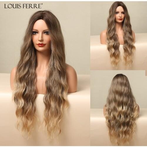 LOUIS FERRE Long Wave Black Brown Wigs Middle Part Ombre Synthetic Wigs for Black Women Afro Cosplay Party Heat Resistant Fibre