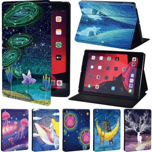For Apple IPad 5/6/7/8th / Mini 1/2/3/4/5 / Ipad 2/3/4 - Painting PU Leather Stand Shockproof Tablet Cover Case + Pen