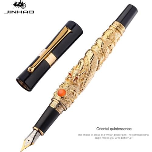 JINHAO 41 Flying Dragon Vintage Fountain Pen, Metal Embossing Iridium Fine Nib, Noble Gold Business Office School Supplies