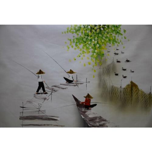 Hand Painted Oil Painting on Canvas Vietnam Landscape Fishing Painting Canvas Painting Modern Wall Art Pictures for Living Room