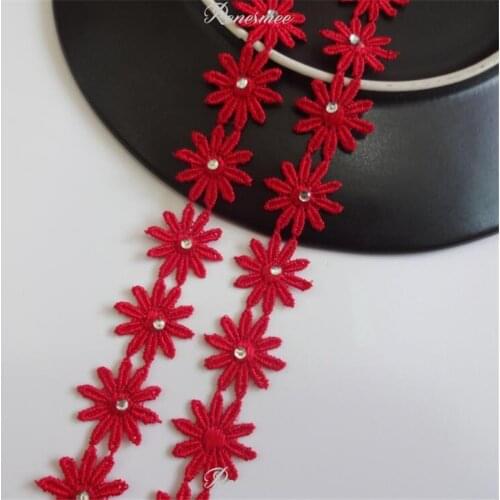 1Y DIY Handmade Lace Accessories Red Trimming 10 petals Polyester Lace small Chrysanthemum with Diamonds 2.5cm SX576