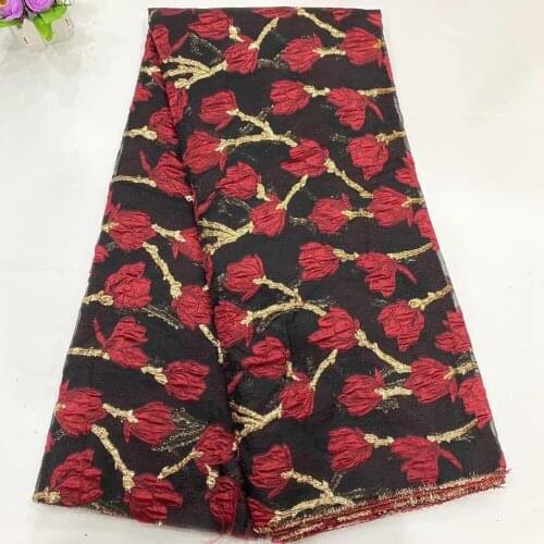 Nigerian Lace Red Rose High Quality Golden Thread Embroidery French Tulle Lace Fabrics for African Women Evening Dress 5 Yards
