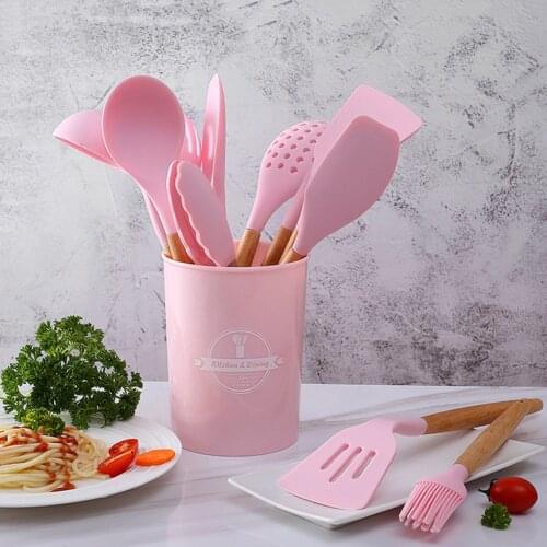 Kitchen Cooking Tool Set Food Grade Silicone Wooden Handle with Hanging Hole Nonstick Pan Fully Functional Kitchenware Utensils