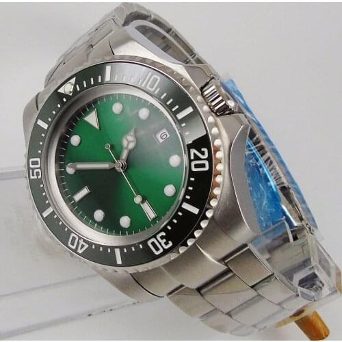 Big Sunburst Green 44mm Mechanical Men Watch Brushed Oyster Strap Screw Crown Ceramic Insert Sterile Deployment Clasp