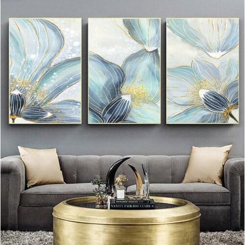 Nordic Golden Abstract Leaf Flower Wall Art Canvas Painting Blue Lotus Poster Print Wall Picture Living Room Bedroom Home Decor