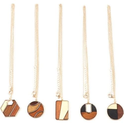 Geometric Colour Blocking Natural Wood Necklace for Women Fashion Long Chain Abstract Polygon Designer Jewelry Wholesale