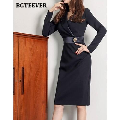 New Spring Notched Collar Slim Waist Black Blazer Dress Office Ladies Hip Package Knee-length Female Dress Vestidos Women 2021