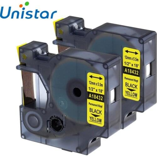 Industrial Dymo Rhino Permanent Vinyl Labels Tape 18432 Black on Yellow Compatible with DYMO RHINO 4200,5000,5200-2 Pack