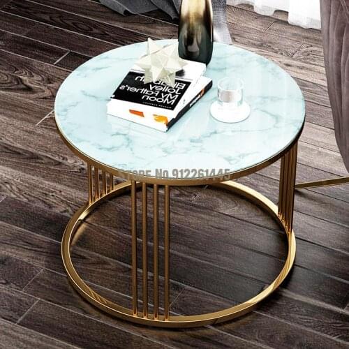 Nordic Light Luxury Imitation Marble Tea Table Small Family Living Room Round Tea Table Tempered Glass Simple Metal Household