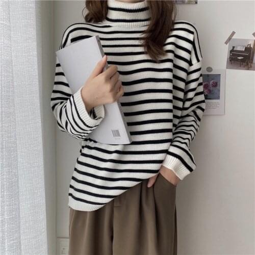 SINGREINY Vintage Stripe Turtleneck Knitted Pullovers Women Fashion Casual Knit Top 2021 Autumn Winter Korean Streetwear Sweater