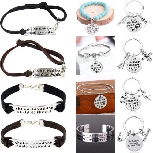 Inspirational Key Rings She Believed She Could So She Did Round Pendant Charm Keyrings Alloy/ Stainless Steel Keychains Jewelry