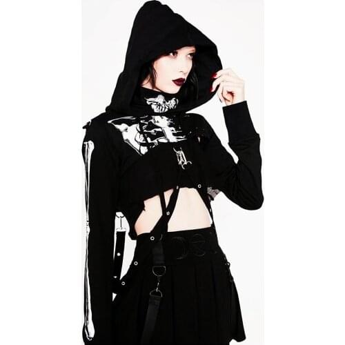 Shawl Hoodie Women Black Skeleton Print Mask Long Sleeve Crop Tops Y2K Giel Fashion Halloween Sweatshirt Kawaii Summer Clothes