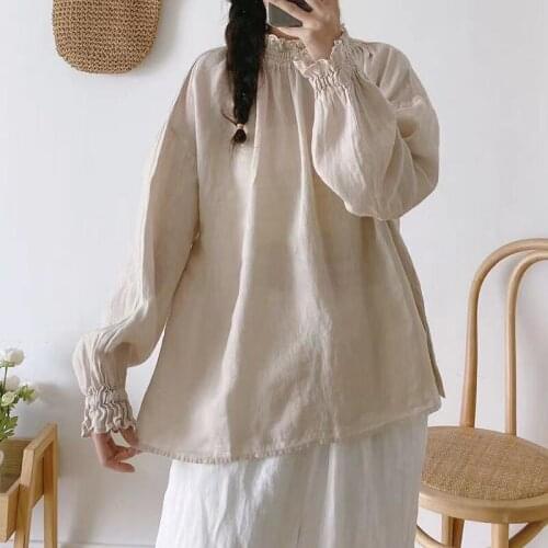 Johnature 2021 New Linen Simple Women Tops Shirts Autumn Solid Color Loose Pullover Ruffles Sleeve Female Blouses