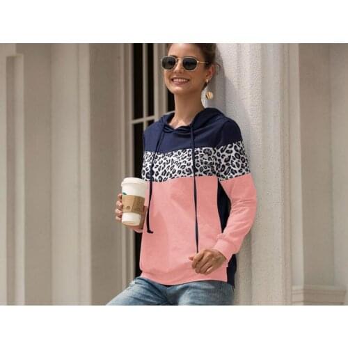 Womens 2021 Autumn and Winter New Fashion Temperament Leopard Stitching Hooded Drawstring