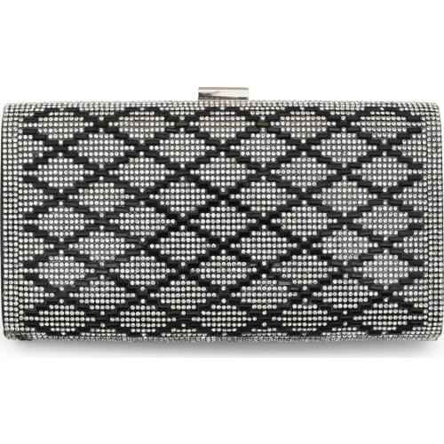 Woman Clutch Bag Metal Frame Evening Hard Case Hand Bag Sparkling Rhinestones Shining Slim Paillette Decor Shoulder Bag Black