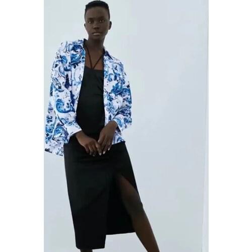 Za 2021 Floral Print Blue Shirt Women Long Sleeve Loose Vintage Blouse Chic Button Up Feminine Autumn High Street Casual Shirts