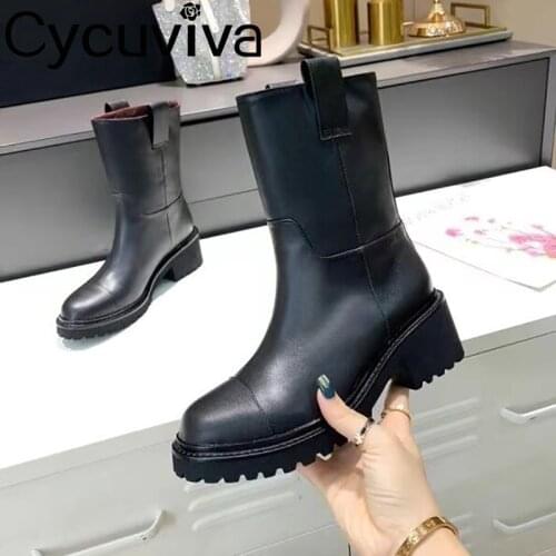 Winter 2021 Flock Chunky Heel Boots For Women Round Toe Slip On Patchwork Shoes Female Casual Real Leather Botas Ladies Shoes