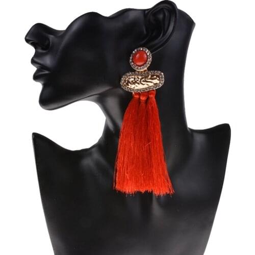 JERPVTE Bohemian Alloy Geometric Drop Earrings Elegant Silk Fabric Long Crystal Drop Dangle Tassel Earrings For Women Jewelry