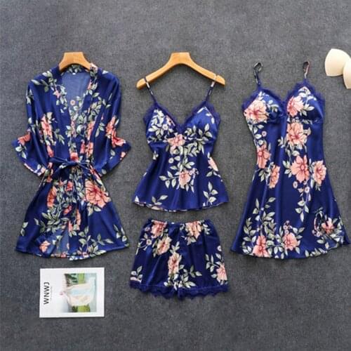 Black Womens 4PC Strap Top Pants Suit Pajamas Sleepwear Sets Spring Home Wear Nightwear Sexy Kimono Robe Bath Gown Bathrobe