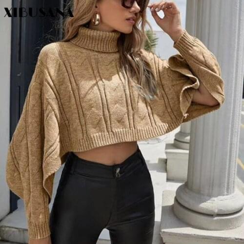 Ins Style Button Women Turtleneck Sweater Tops For Autumn Winter Solid Simple Pullover Shawl Female Streetwear Knitted Crop Tops