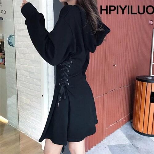 Hooded Dress Women Lace Up Waist Slim Black Gothic Dress Female Short Mini Harajuku Streetwear Vestidos