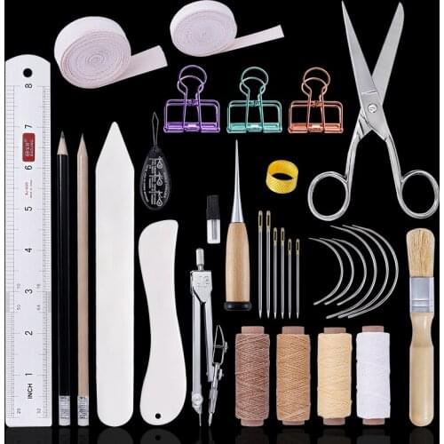 MIUSIE 32Pcs Bookbinding Leather Stitching Tools Set with Bone Folder Creaser Ruler Needles Waxed Thread for DIY Handmade Craft