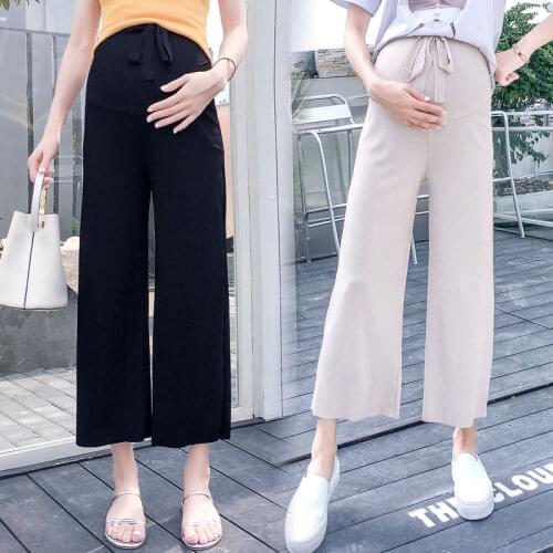 Drawstring Waist Pregnant Women Wide-Legged Belly Pants Mother Fashion Knitting Trousers Maternity Straight Work Pants Loose
