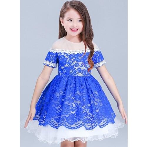 European and American girls Royal blue / White Lace / Mesh Princess dresses Clothing Wedding Evening Flower kids gown Dress