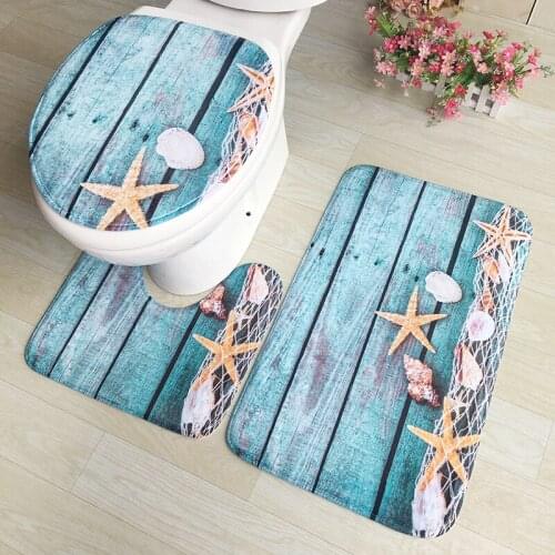 Mediterranean Style Flannel Bathroom 3D Printed Carpet Floor Mat Set,Shower Non-Slip Mat, Toilet Cover