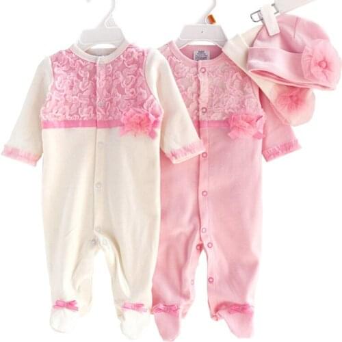 Newborn Baby Girl Cotton Lace Footies with Cap New Spring Summer 1piece Overall Infant Girls Clothes Born 3m 6m Gift