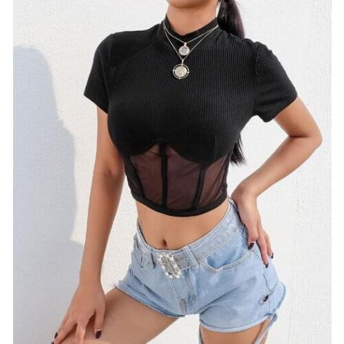 Fashion New Women Sexy Turtleneck Mesh Transparent Knitted Patchwork Summer Crop Top Ladies Short Sleeve Slim T-Shirt Female Tee