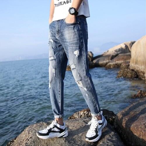 Mens Straight Tube Slim Broken Hole Worn Style Slim Tight Small Foot Micro Elastic Pure Color Simple Fashion All-Match Jeans