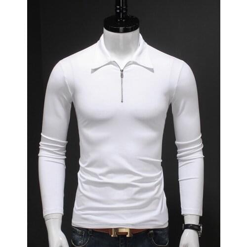 Men Polo Solid White Long Sleeve Polo Shirt Mens Fashion Mercerized Cotton Zipper Collar Polos Autumn Casual Clothing