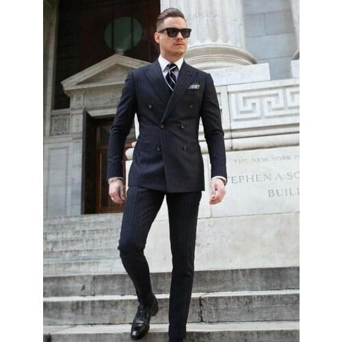 ANNIEBRITNEY Black Stripe Men Business Suits With Pants Double Breasted 2 Piece Stripe Groom Wedding Tuxedo Slim Fit Formal Suit