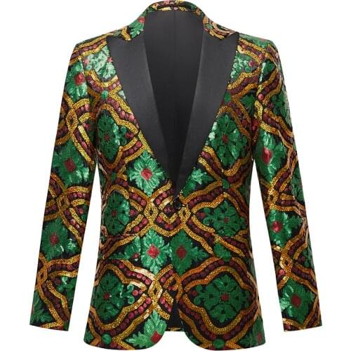 Mens Green Gold Red Sequins Suit Jacket Blazer Singer Costume Sequined Performance Clothing Jacket Blazer for Men Lapel Top
