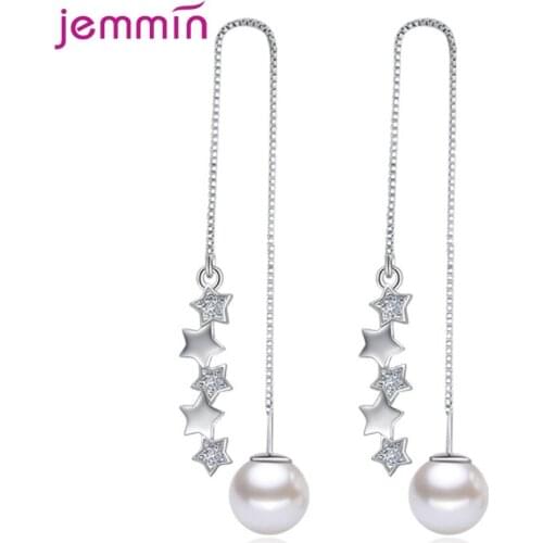 Latest Korean Design Hanging Dangle Earrings With Sparkling Stars Shape Pendant Genuine 925 Sterling Silver Pearl Earrings