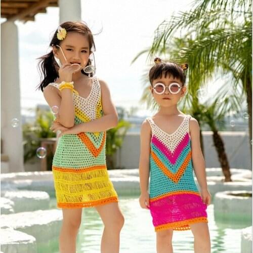 2021 New summer handmade crochet colorful children baby girl beachwear cover-ups