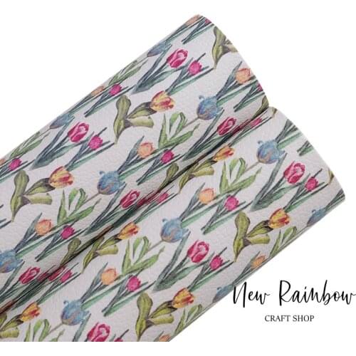 New Rainbow 30x22CM/A4 Beautiful Spring Tulip Flower Litchi Faux Leatherette For Hair Bows, Accessories, DIY Crafts