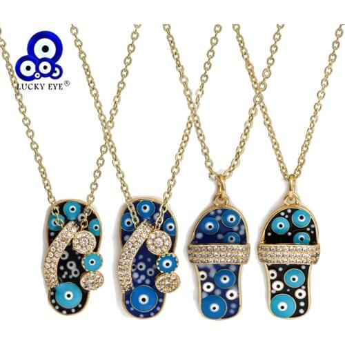 Lucky Eye Micro Pave Zircon Slippers Turkish Evil Eye Necklace Gold Color Long Chain Necklace for Women Girls Jewelry BE326