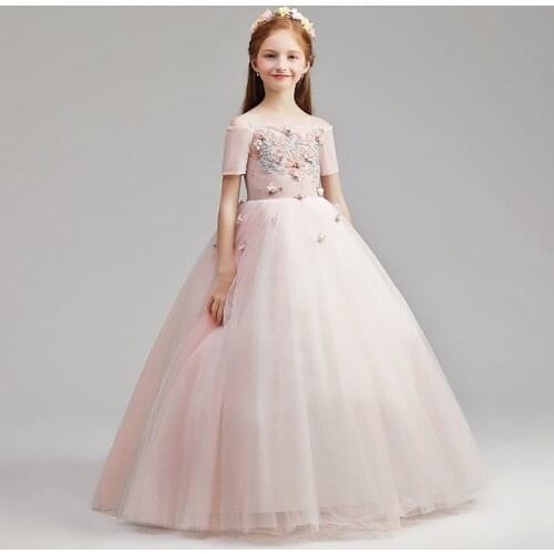 Flower Girl Dress Crystal Appliques Off The Shoulder Pearls Princess Floor-Length Short Embroidery Sequined Kids Party Gown H164