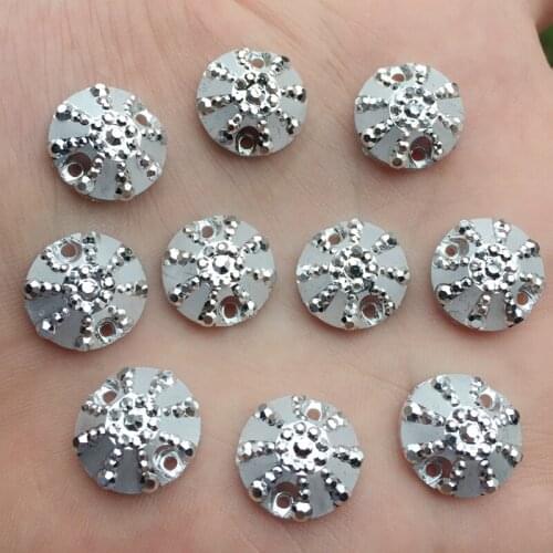 New 30pcs 14mm Round flower Resin Silver Flatback Stone Scrapbook Wedding DIY strass buttons 2 holes S486