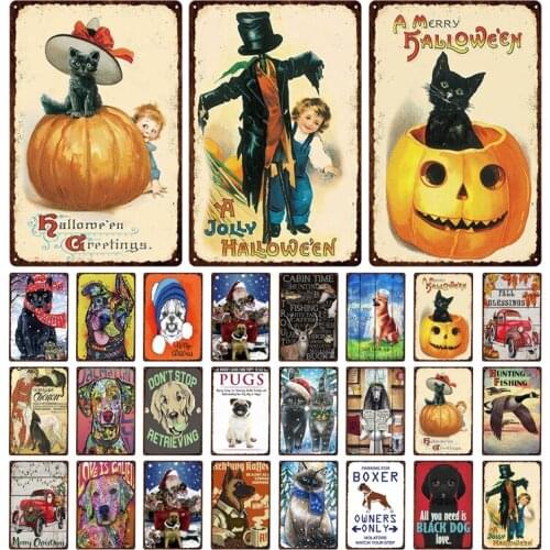 Child Dogs and Cats Santa Claus Thanksgiving Halloween Animal Metal Plate Pet Shop Pendant Plaque Iron Painting Metal Tin Sign