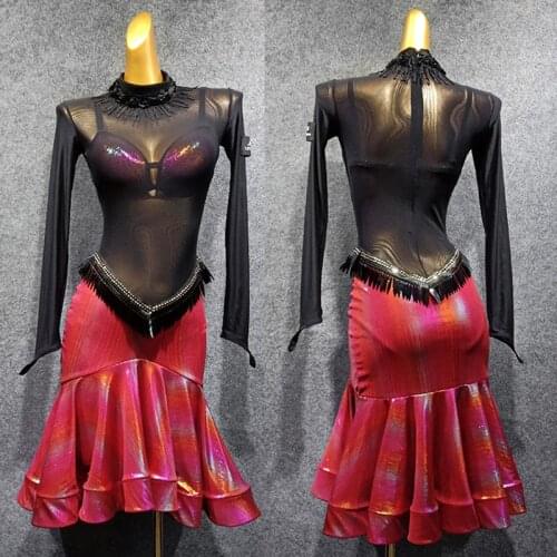 Sexy! Latin Dance Competition Dress Dancing Clothes Women Sexy See-Through Back Long Sleeve Red Dance Skirt Salsa Dance Dress