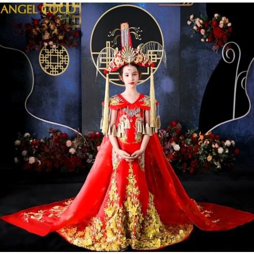 Gold Embroidery Royal Girls Dress Pageant Dresses For Children Princess Celebrations Party Prom Birthday Gowns Detachable Shawl