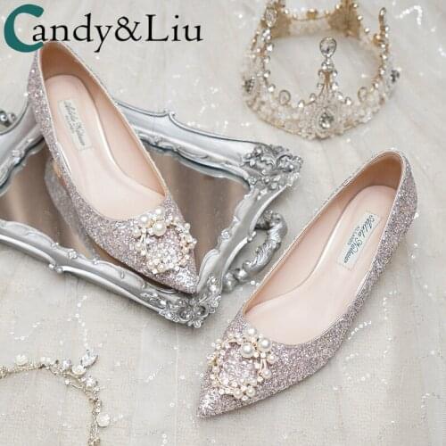 Wedding shoes women low heel winter wedding pregnant women 3CM new bridesmaids high heels sequined wedding crystal shoes