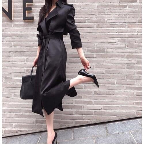 High end acetic acid Satin windbreaker 2021 spring Korean fashion loose basic long waist slim coat