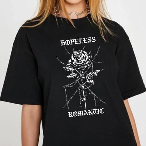 Hopeless Romantic Rose T-Shirt Women Edgy Fashion Gothic Graphic Tees Harajuku Streetwear Loose T Shirt Grunge Aesthetic Clothes