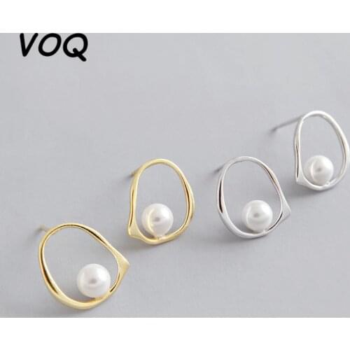 VOQ 925 Sterling Silver Creative Hollow Stud Earrings for Women Irregular Jewelry Trendy Elegant Pearl Party Ear Accessorie