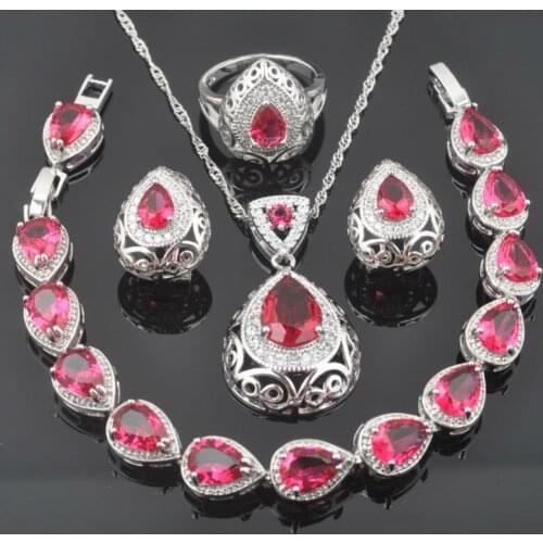 2020 New Unique Red Zirconia For Women Silver Color Jewelry Sets Crystal Bracelet Necklace Pendant Earrings Ring QS0214