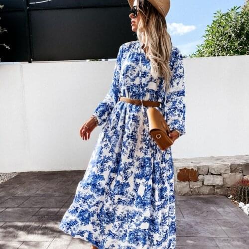 Long Sleeved Printed Blue Maxi Spring Summer Autumn Clothes Dress For WomenS Vetement Femme 2021 Vintage Casual Dress Female